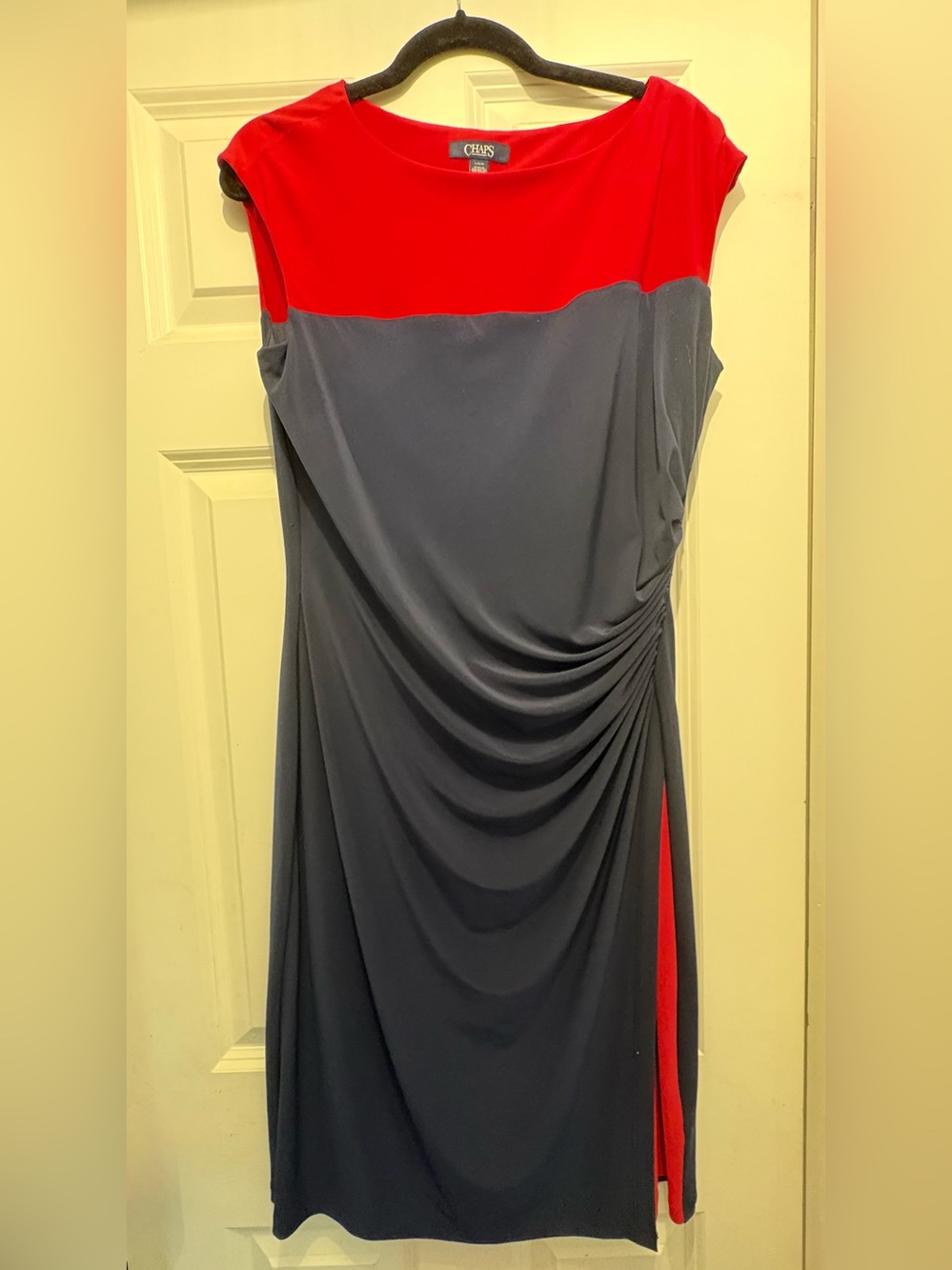 Chaps Red & Navy Ruched Midi Sheath Dress
